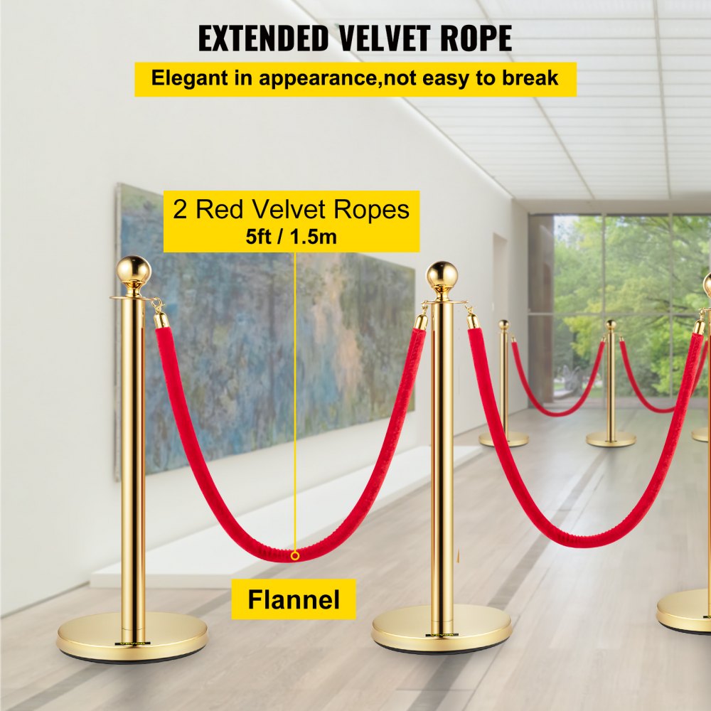 Set of 2 Gold Round Top Queue Control Barrier Posts Stands Security Stanchion Rope Divider with 1.5M Red Rope Crowd Control Barrier Gold Round top Column