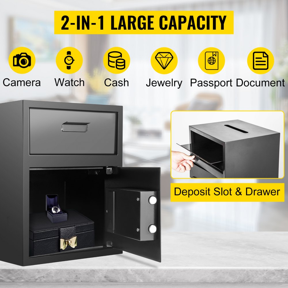 70L Digital Depository Safe Electronic Code Lock, Deposit Safe with Two Emergency Keys, Depository Safe with Deposit Slot, Restaurant Safe Carbon Steel, Depository Box for Home, Hotel and Office