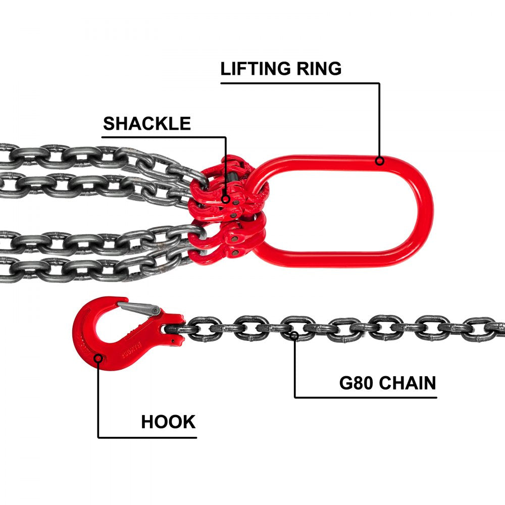 4 Legs Chain Sling with Sling Hook G80, 8MM X 1M Lifting Chain Slings, Chain Hanging with Shortners Crane Grade 80 4T/ 8800LBS, Heavy Duty Lifting Chain Sling with Hooks