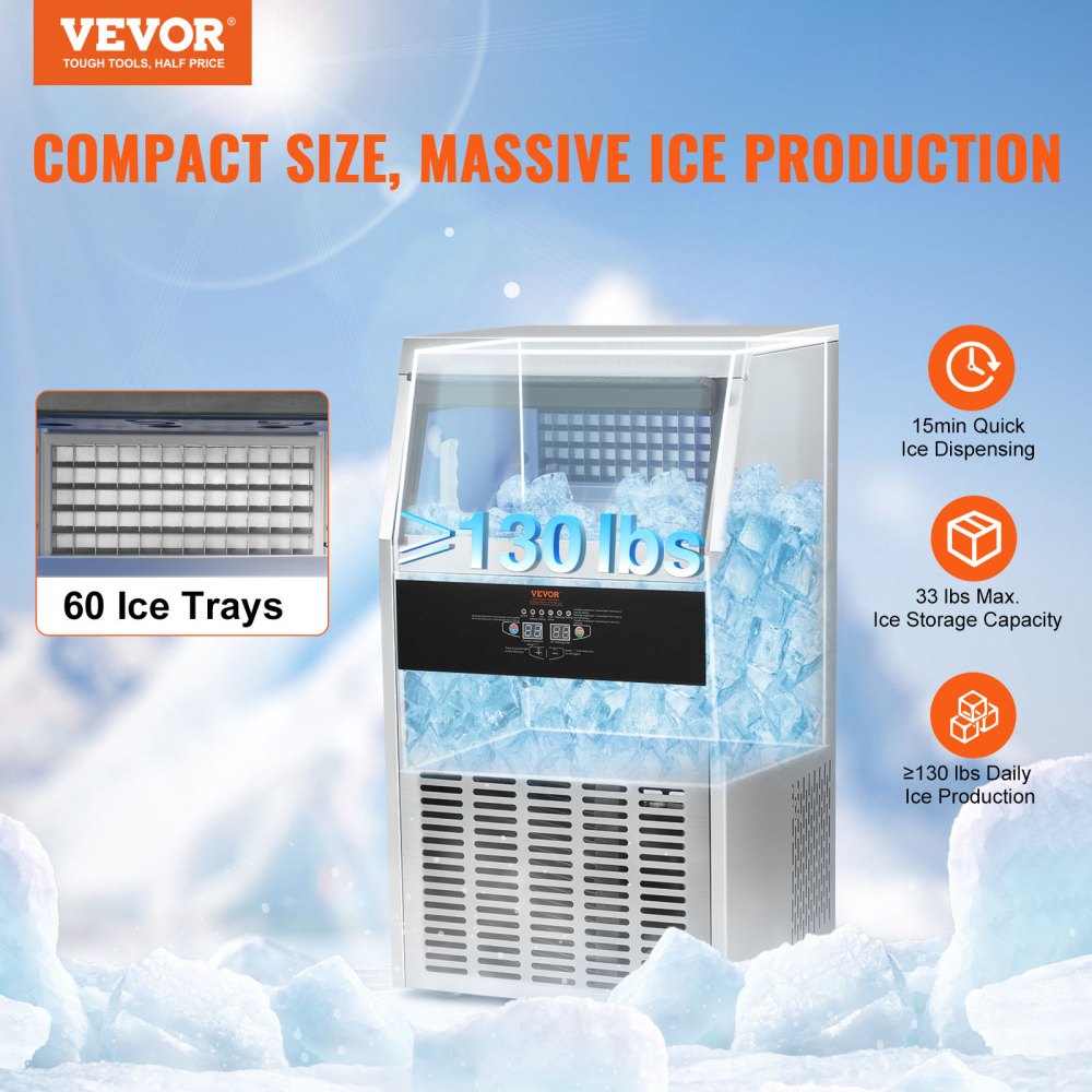 Comercial Ice Maker Freestanding Cabinet Machine 130lbs/24H 60 Ice Cubes