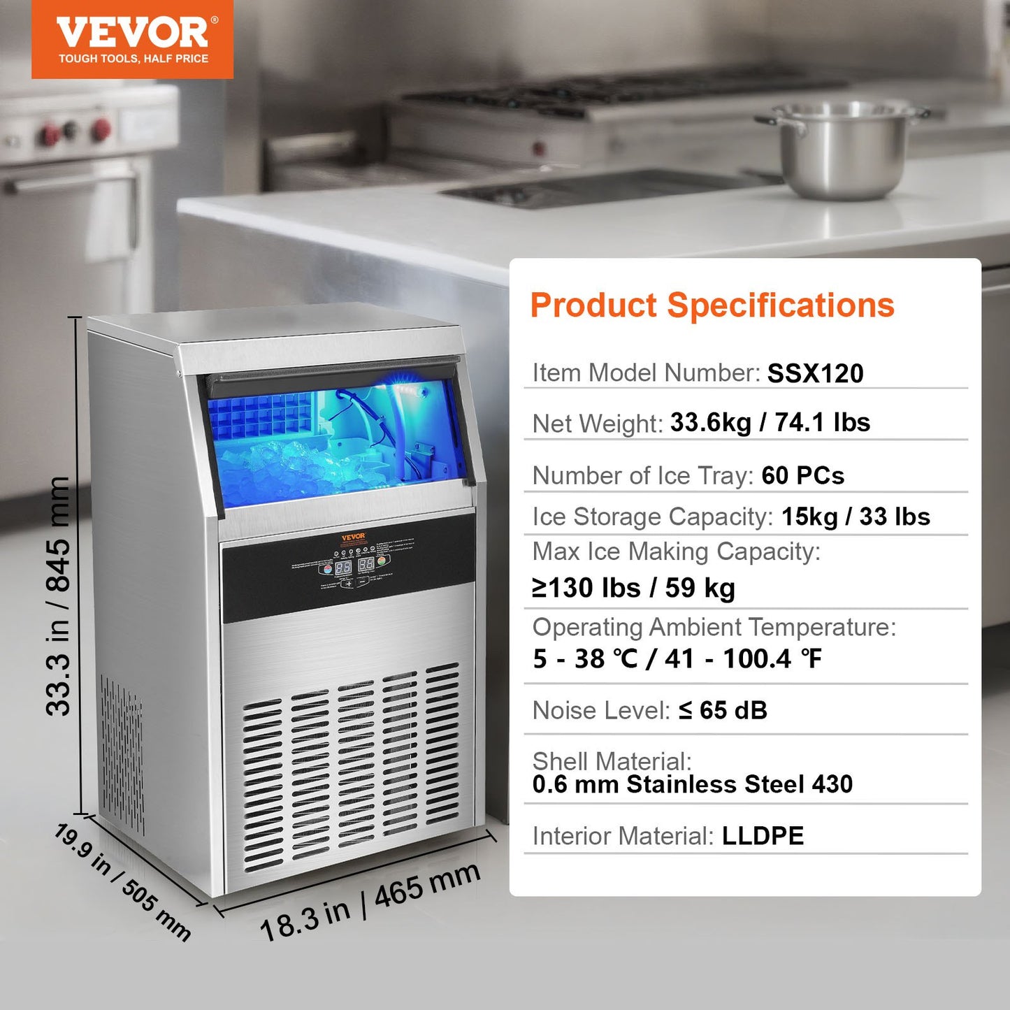 Comercial Ice Maker Freestanding Cabinet Machine 130lbs/24H 60 Ice Cubes