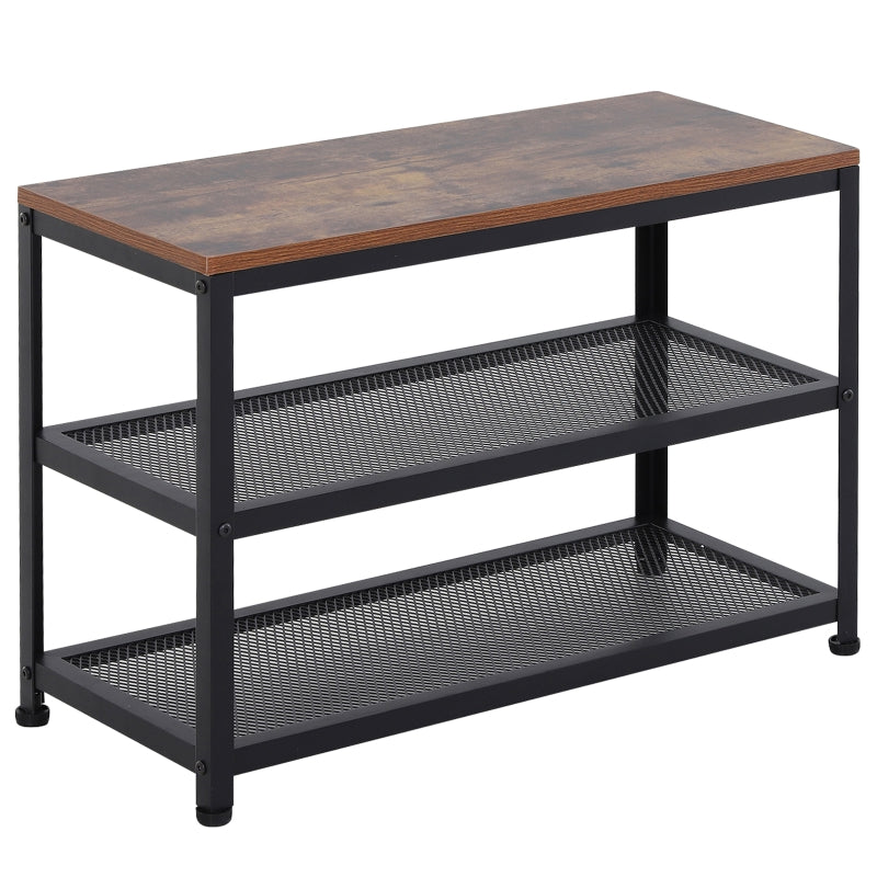 3-Layer Shoe Rack Storage, Metal Frame with 2 Mesh Shelves, Rustic Colour Seat for Living Room and Hallway w/