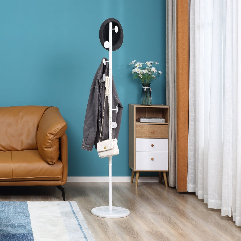 Coat Rack Free Standing Hall Tree with 8 Round Disc Hooks for Clothes, Hats,Purses, Steel Entryway Coat Stand with Marble Base for Entryway, Living Room, Bedroom, White