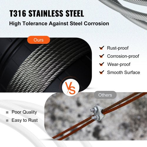 T316 Stainless Steel Wire Rope Cable High Strength Tension Flexible Stainless Steel Cable OD 3.2MM Length 1000Ft 11.14KN Cable Railing(300M)