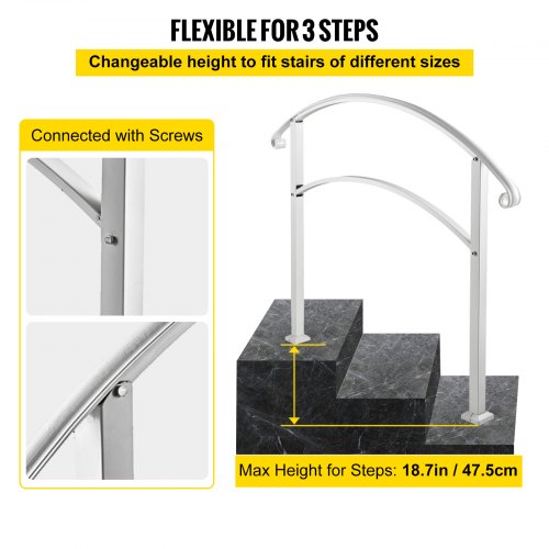 3FT Adjustable Wrought Iron Handrail Fits 3 Steps Outdoor Steps/Stairs