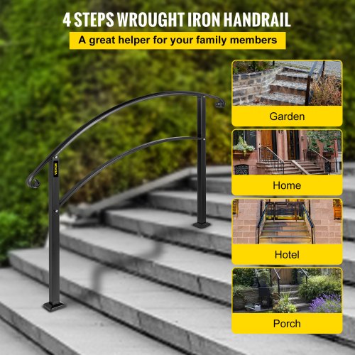 Adjustable Wrought iron Transition Handrail Matte Black 4FT Fits 4 Steps