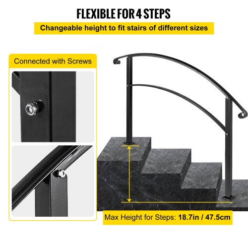 Adjustable Wrought iron Transition Handrail Matte Black 4FT Fits 4 Steps