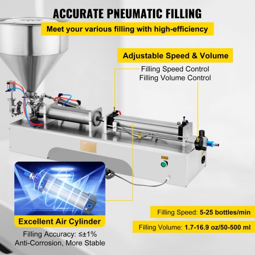 Horizontal Pneumatic Liquid Paste Filling Machine 50-500ML Volume, Cream Filling Machine 30L Hopper, Pneumatic Paste Filling Machine for Liquid and Paste