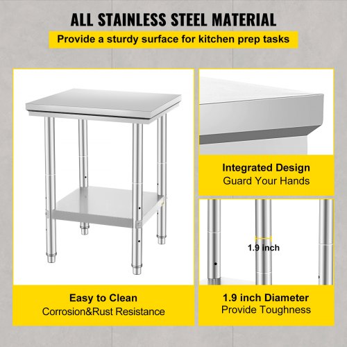 Work Table 24 x 24 x 32 Inches NSF Stainless Steel Work Table for Commercial Kitchen Prep Workbench 60X60X80cm with Lower Shelf Work Table Silvery for Commercial Kitchen Restaurant
