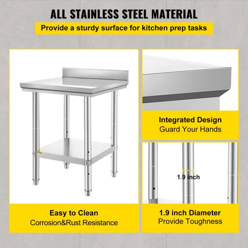 Work Table 24 x 24 x 34 Inches NSF Stainless Steel Work Table for Commercial Kitchen Prep Workbench 60X60X88cm with Lower Shelf Work Table Silvery for Commercial Kitchen Restaurant