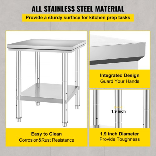 Work Table 24 x 30 x 32 Inches NSF Stainless Steel Work Table for Commercial Kitchen Prep Workbench 60X76X80cm with Lower Shelf Work Table Silvery for Commercial Kitchen Restaurant