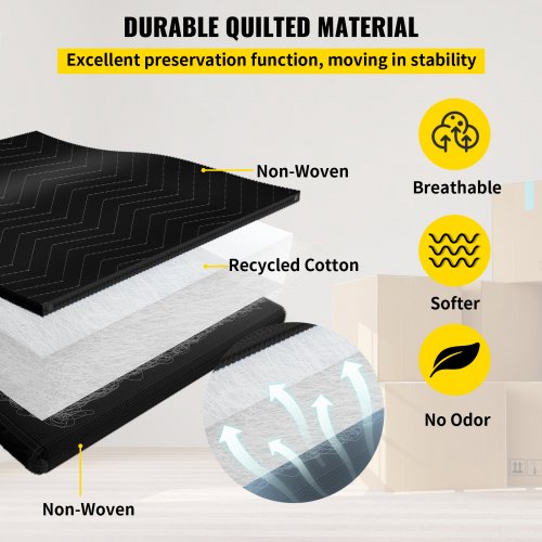 Moving Blankets, 6 Packs - 80" x 72" (32.4 lb/dz Weight), Professional Non-Woven & Recycled Cotton Material Packing Blankets, Heavy-Duty Shipping Pads for Protecting Furniture, Floors, Black