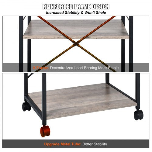 Kitchen Baker's Rack, 3-Tier Industrial Microwave Stand with Hutch & 8 S-Shaped Hooks, Multifunctional Coffee Station Organizer with Utility Storage Shelf for Kitchen, Living Room, Light Ivory