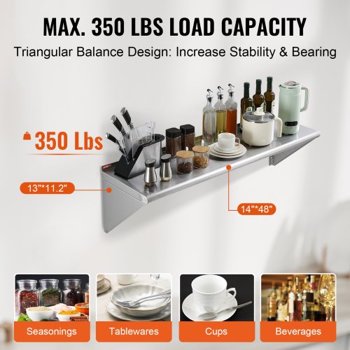14" x 48" Stainless Steel Shelf, Wall Mounted Floating Shelving with Brackets, 350 lbs Load Capacity Commercial Shelves, Heavy Duty Storage Rack for Restaurant, Kitchen, Bar, Home, and Hotel