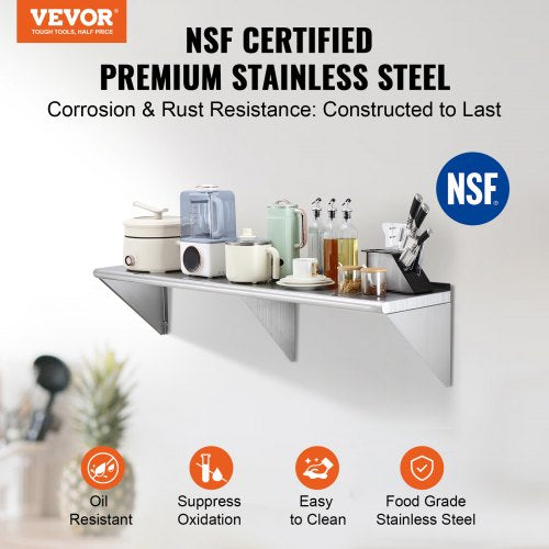 14" x 60" Stainless Steel Shelf, Wall Mounted Floating Shelving with Brackets, 400 lbs Load Capacity Commercial Shelves, Heavy Duty Storage Rack for Restaurant, Kitchen, Bar, Home, and Hotel