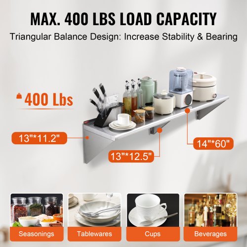 14" x 60" Stainless Steel Shelf, Wall Mounted Floating Shelving with Brackets, 400 lbs Load Capacity Commercial Shelves, Heavy Duty Storage Rack for Restaurant, Kitchen, Bar, Home, and Hotel