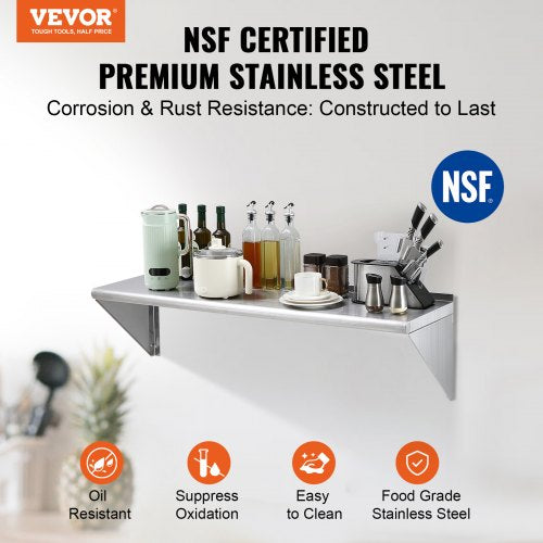 14" x 48" Stainless Steel Shelf, Wall Mounted Floating Shelving with Brackets, 400 lbs Load Capacity Commercial Shelves, Heavy Duty Storage Rack for Restaurant, Kitchen, Bar, Home, and Hotel