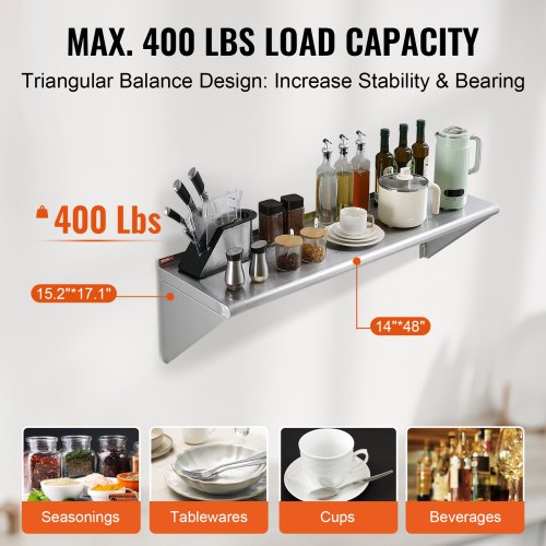 14" x 48" Stainless Steel Shelf, Wall Mounted Floating Shelving with Brackets, 400 lbs Load Capacity Commercial Shelves, Heavy Duty Storage Rack for Restaurant, Kitchen, Bar, Home, and Hotel
