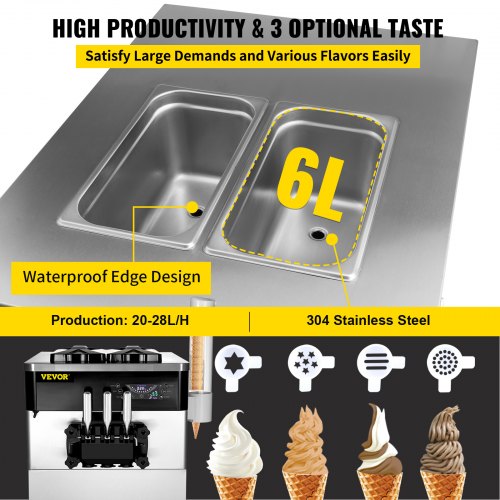 Countertop Soft Ice Cream Machine 2200W Commercial Countertop Orange Soft Ice Cream Machine 5.3 to 7.4 Gallons per Hour Ice Cream Machine for Restaurants Bars Cafes Bakeries