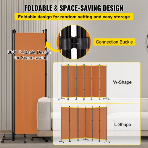 6 Panel Room Divider, 6 FT Tall, Freestanding & Folding Privacy Screen w/ Swivel Casters & Aluminum Alloy Frame, Oxford Bag Included, Room Partition for Office Home, 121"W x 14"D x 73"H, Orange