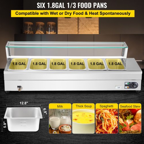 Bain Marie Food Warmer 6-Pan, Commercial Food Steam Table 1500W Steam Table Sneeze Guard 6-Inch Deep, Electric Bain Marie Stainless Steel Table Top Commercial with Glass Shield, for Catering