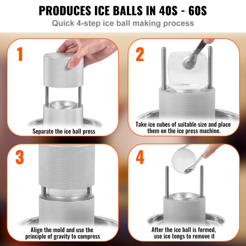 Ice Ball Press, 2.4" Ice Ball Maker, Aircraft Al Alloy Ice Ball Press Kit for 60mm Ice Sphere, Ice Press with Tong and Drip Tray, for Whiskey, Cocktail, Bourbon, Scot on Party & Holiday, Silver