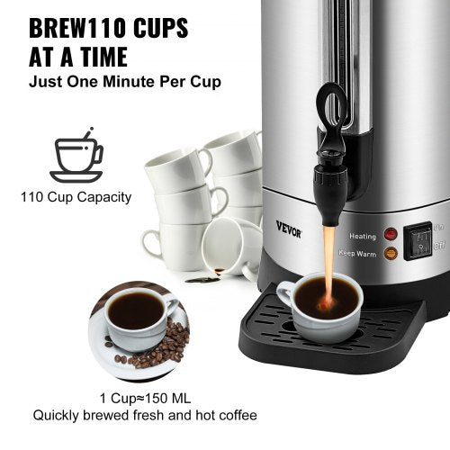 Commercial Coffee Urn, 110 Cups Stainless Steel Large Coffee Dispenser, 1500W 110V Electric Coffee Maker Urn For Quick Brewing, Hot Water Urn with Detachable Power Cord for Easy Cleaning, Silver