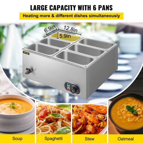 Countertop Food Warmer 6-Pan Commercial Food Warmer 850W Electric Countertop Steam Table 15cm/6inch Deep Stainless Steel Bain Marie Large Capacity 7 Quart for Buffet Catering