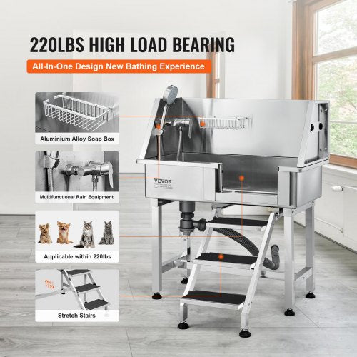 864MM Pet Dog Bathing Station w/Ramp, Professional Stainless Steel Dog Grooming Tub w/ Storage Drawer, Faucet,Rich Accessory, Dog Bathtub for Large,Medium,Small Pet, Washing Sink for Home(Right)