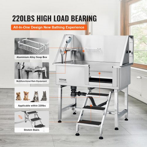 38" Pet Dog Bathing Station w/Ramp, Professional Stainless Steel Dog Grooming Tub w/ Storage Drawer, Floor Grate, Faucet, Dog Bathtub for Large,Medium,Small Pets, Washing Sink for Home(Right)