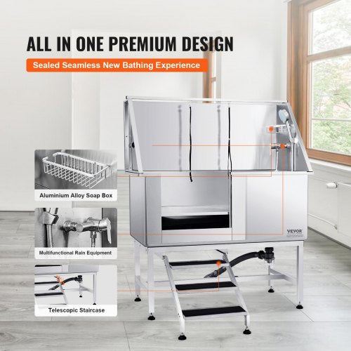 1.27M Pet Dog Bathing Station w/Stairs, Professional Stainless Steel Dog Grooming Tub w/ Soap Box, Faucet,Rich Accessory, Dog Bathtub for Large,Medium,Small Pets, Washing Sink for Home Left