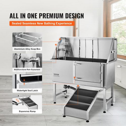 1.57M Pet Dog Bathing Station w/Ramp, Professional Stainless Steel Dog Grooming Tub w/ Soap Box, Faucet,Rich Accessory,Bathtub for Large,Medium,Small Pets, Washing Sink for Home(Right)