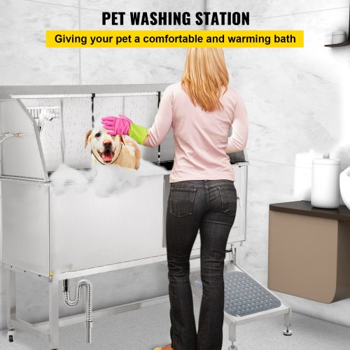 Dog Grooming Tub, 62" R Pet Wash Station, 304 Stainless Steel Pet Grooming Tub Rated 661LBS Load Capacity, Non-Skid Dog Washing Station Comes with Ramp, Faucet, Sprayer and Drain Kit