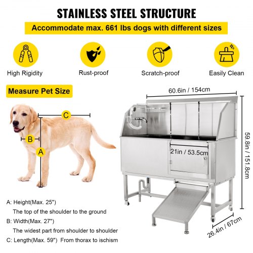 Dog Grooming Tub, 62" R Pet Wash Station, 304 Stainless Steel Pet Grooming Tub Rated 661LBS Load Capacity, Non-Skid Dog Washing Station Comes with Ramp, Faucet, Sprayer and Drain Kit