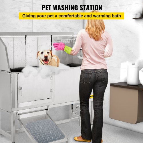 Dog Grooming Tub, 62" L Pet Wash Station, 304 Stainless Steel Pet Grooming Tub Rated 661LBS Load Capacity, Non-Skid Dog Washing Station Comes with Ramp, Faucet, Sprayer and Drain Kit