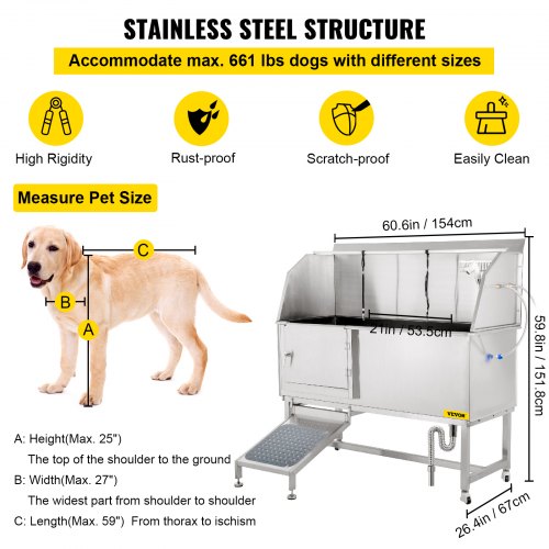 Dog Grooming Tub, 62" L Pet Wash Station, 304 Stainless Steel Pet Grooming Tub Rated 661LBS Load Capacity, Non-Skid Dog Washing Station Comes with Ramp, Faucet, Sprayer and Drain Kit