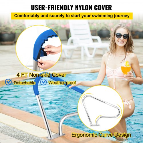 Pool Rail 39x32" Pool Railing 304 Stainless Steel 250LBS Load Capacity Silver Rustproof Pool Handrail Humanized Swimming Pool Handrail with Blue Grip Cover & M8 Drill Bit & Self-taping Screws