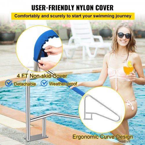 Pool Rail 55x32" Pool Railing 304 Stainless Steel 250LBS Load Capacity Silver Rustproof Pool Handrail Humanized Swimming Pool Handrail with Blue Grip Cover & M8 Drill Bit & Self-taping Screws