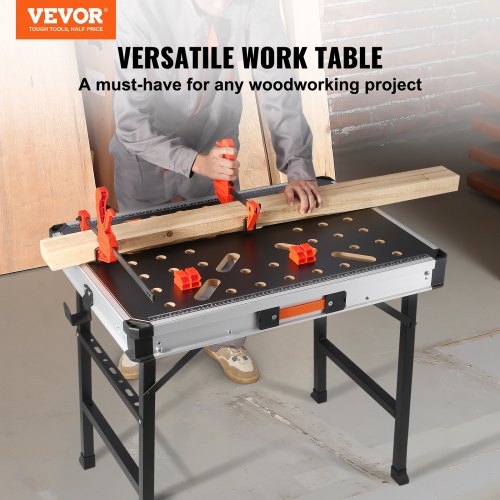 Folding Work Table, 2-in-1 as Sawhorse & Workbench, 1000 lbs Load Capacity, Steel Legs, Portable Foldable Tool Stand with 2 Wood Clamps, 4 Bench Dogs, 3 Tool Boxes, 2 Hooks, Easy Garage Storage