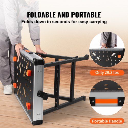 Folding Work Table, 2-in-1 as Sawhorse & Workbench, 1000 lbs Load Capacity, Steel Legs, Portable Foldable Tool Stand with 2 Wood Clamps, 4 Bench Dogs, 3 Tool Boxes, 2 Hooks, Easy Garage Storage