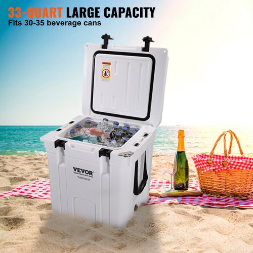 Insulated Portable Cooler, 33 qt, Holds 35 Cans, Ice Retention Hard Cooler with Heavy Duty Handle, Ice Chest Lunch Box for Camping, Beach, Picnic, Travel, Outdoor, Keeps Ice for up to 6 Days