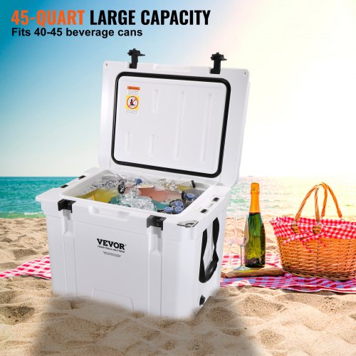 Insulated Portable Cooler, 45 qt, Holds 45 Cans, Ice Retention Hard Cooler with Heavy Duty Handle, Ice Chest Lunch Box for Camping, Beach, Picnic, Travel, Outdoor, Keeps Ice for up to 6 Days