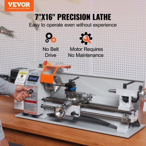 Mini Metal Lathe Machine, 7'' x 16'', 800W Precision Benchtop Power Metal Lathe, 150-2500 RPM Continuously Variable Speed, with 3.9'' 3-jaw Metal Chuck Tool Box for Processing Precision Parts