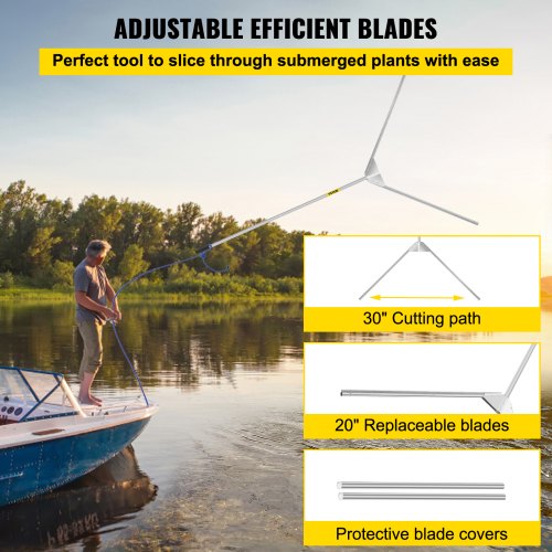 Aquatic Weed Cutter, 30" Cutting Path Water Grass Cutter, Stainless Steel Blades Lake Weed Cutter, Weed Rake with 33 ft. Rope, Blade Covers, and Aluminum Alloy Handle for Beach, Pond, and Lake