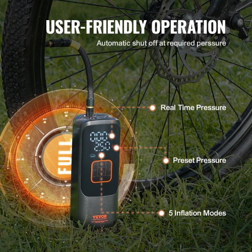Tire Inflator Portable Air Compressor, 150 PSI Electric Air Pump, 4000mAh Rechargeable Tire Pump with Auto-Off Function, LCD Pressure Gauge, 3 Nozzles, LED Light for Motorcycle Bike Car Ball