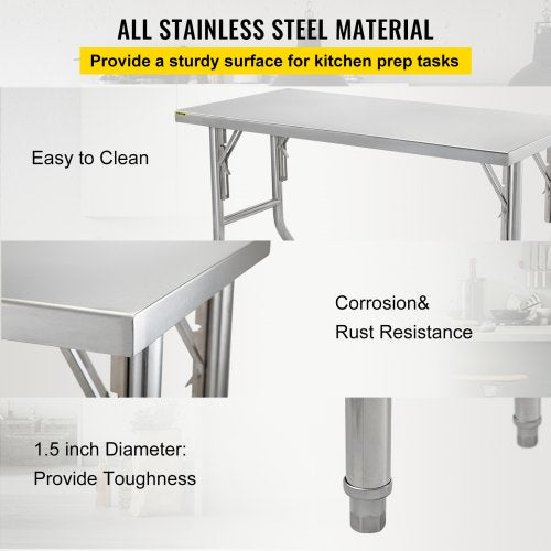 Commercial Worktable Workstation 48 x 24 Inch Folding Commercial Prep Table, Heavy-duty Stainless Steel Folding Table with 661 lbs Load, Kitchen Work Table, Silver Stainless Steel Kitchen Island