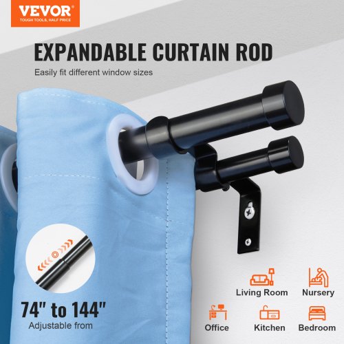 Double Rod Curtain Rods, 72-144 inches(6-12ft) Adjustable Length, Black Double Curtain Rods with Cap Finials, 1" and 3/4" Diameter, Double Window Drapery Rod for Sheer and Blackout Curtains