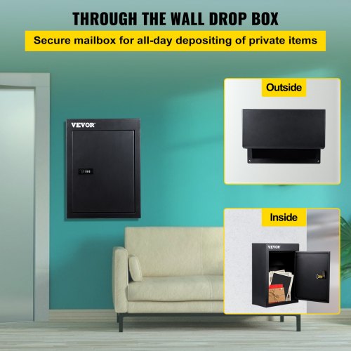 Through The Wall Drop Box, 12.5''x6.3''x16.9'' Mail Drop Box w/Adjustable Chute, Deposit Drop Box w/Code Lock, Rainproof Wall Mount Mailbox for Letters, Rents,Checks & Keys, Home & Office, Black