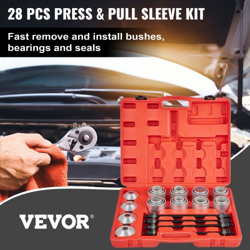 28 PCS Pull and Press Sleeve Kit, 45# Steel Removal Installation Bushes Bearings Tool Kit, Bush Removal Insertion Sleeve Tool Set Works on Most Cars and LCV, HGV Engines