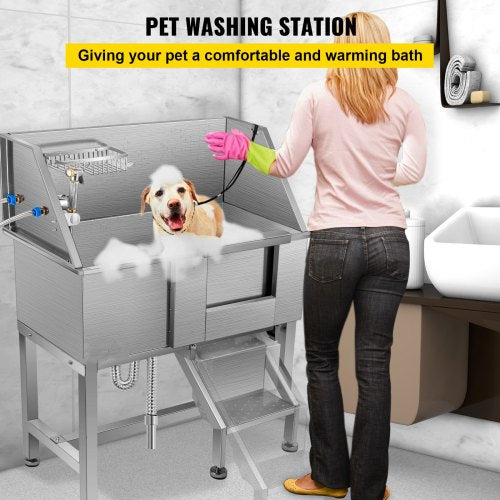 34" Dog Grooming Tub, Right Pet Wash Station, Professional Stainless Steel Pet Grooming Tub Rated 220LBS Load Capacity, Non-Skid Dog Washing Station Come with Ramp, Faucet, Sprayer and Drain Kit